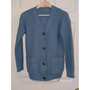 Vintage Style Carolina Blue Waffle Knit Cardigan | Button Front Pocket Medium